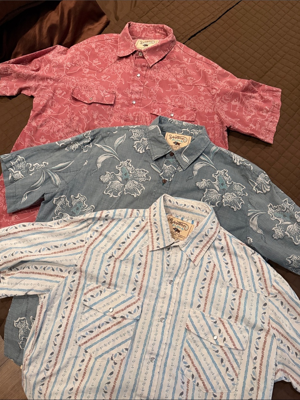 Lot of 3 Western Aloha Men's Short-Sleeve Hawaiian Shirts, Blue, White, Red